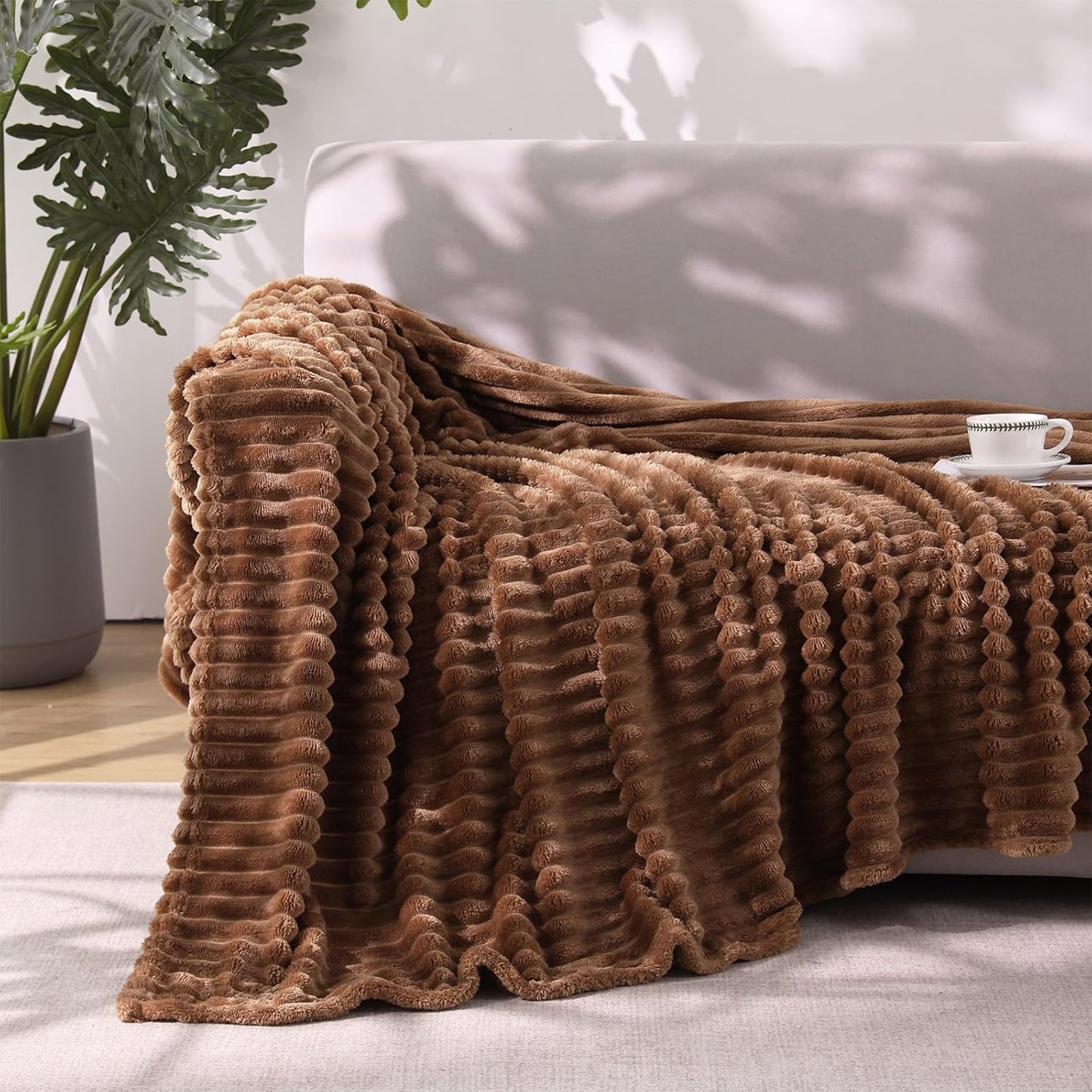 Khaki Throw Blanket for Couch Sofa 50x60 inches Striped Fleece Blankets Room Home Decor Lightweight Plush Soft Cozy Gifts for Women Mom Girls