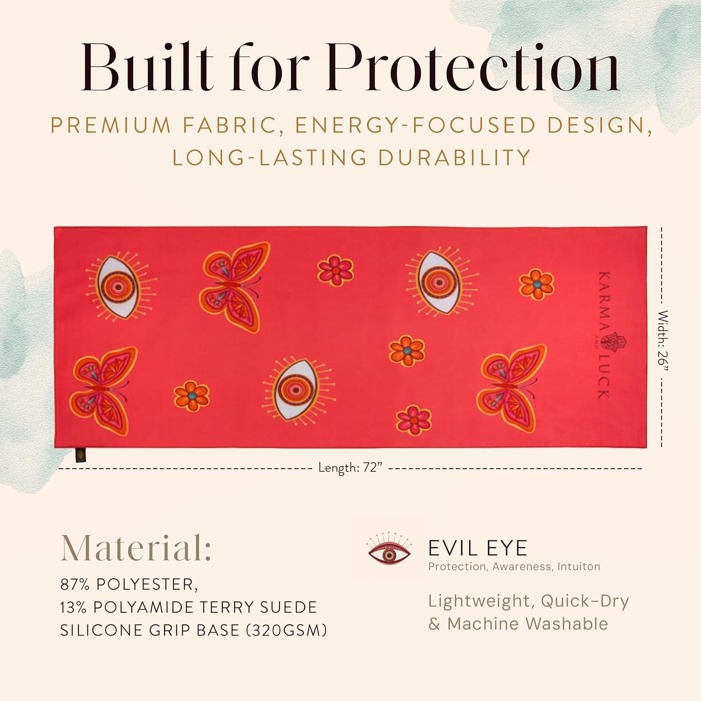 KARMA AND LUCK Radiant Protection Yoga Towel, Absorbent, Non-Slip Hot Yoga Mat Towel, Silicone Grip & Soft Terry Suede for Spiritual Energy Shield & Clarity, 26” x 72”