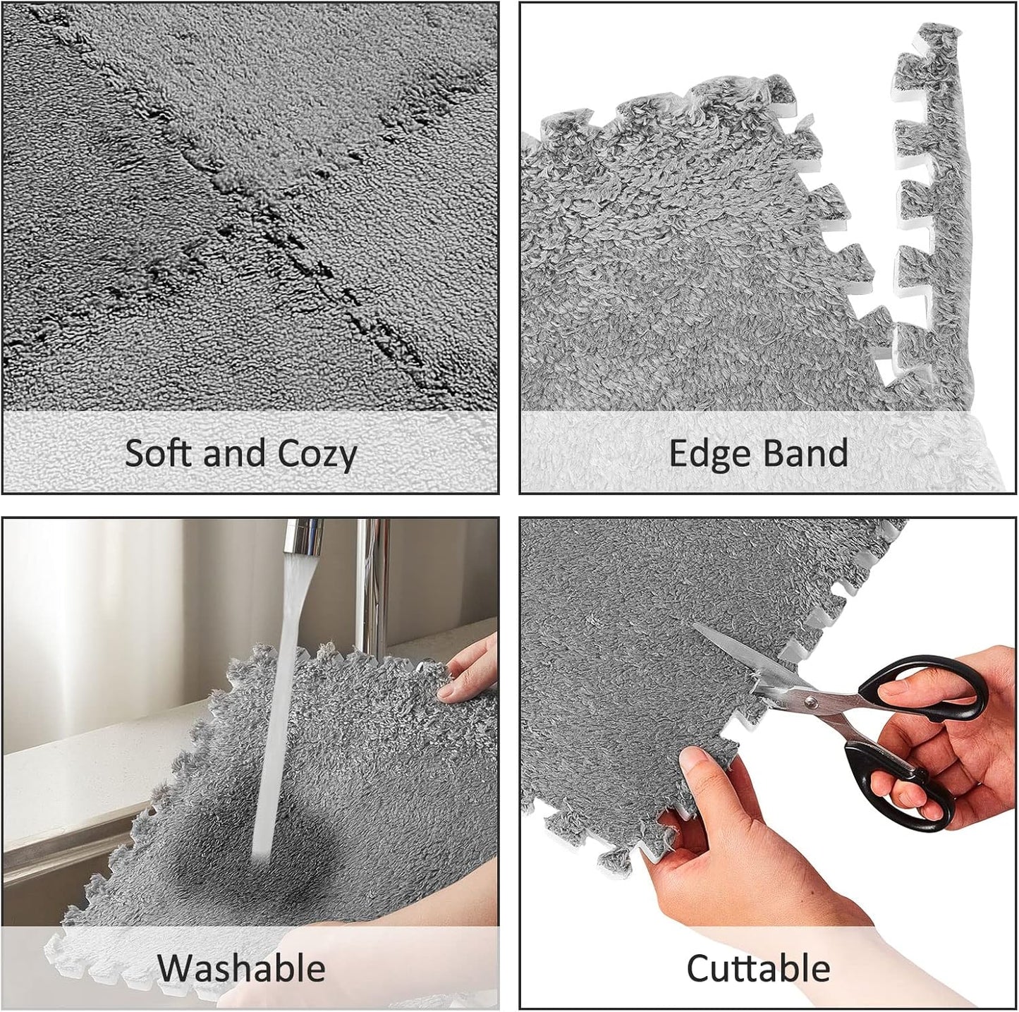 Flutesan 15 Pcs Winter Plush Puzzle Foam Floor Mat Interlocking Carpet Tiles Anti Slip Soft Warm Squares EVA Foam Crawling Rug for Play Floor Playroom Bedroom Nursery(Gray)