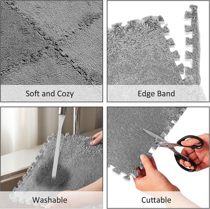 Flutesan 15 Pcs Winter Plush Puzzle Foam Floor Mat Interlocking Carpet Tiles Anti Slip Soft Warm Squares EVA Foam Crawling Rug for Play Floor Playroom Bedroom Nursery(Gray)
