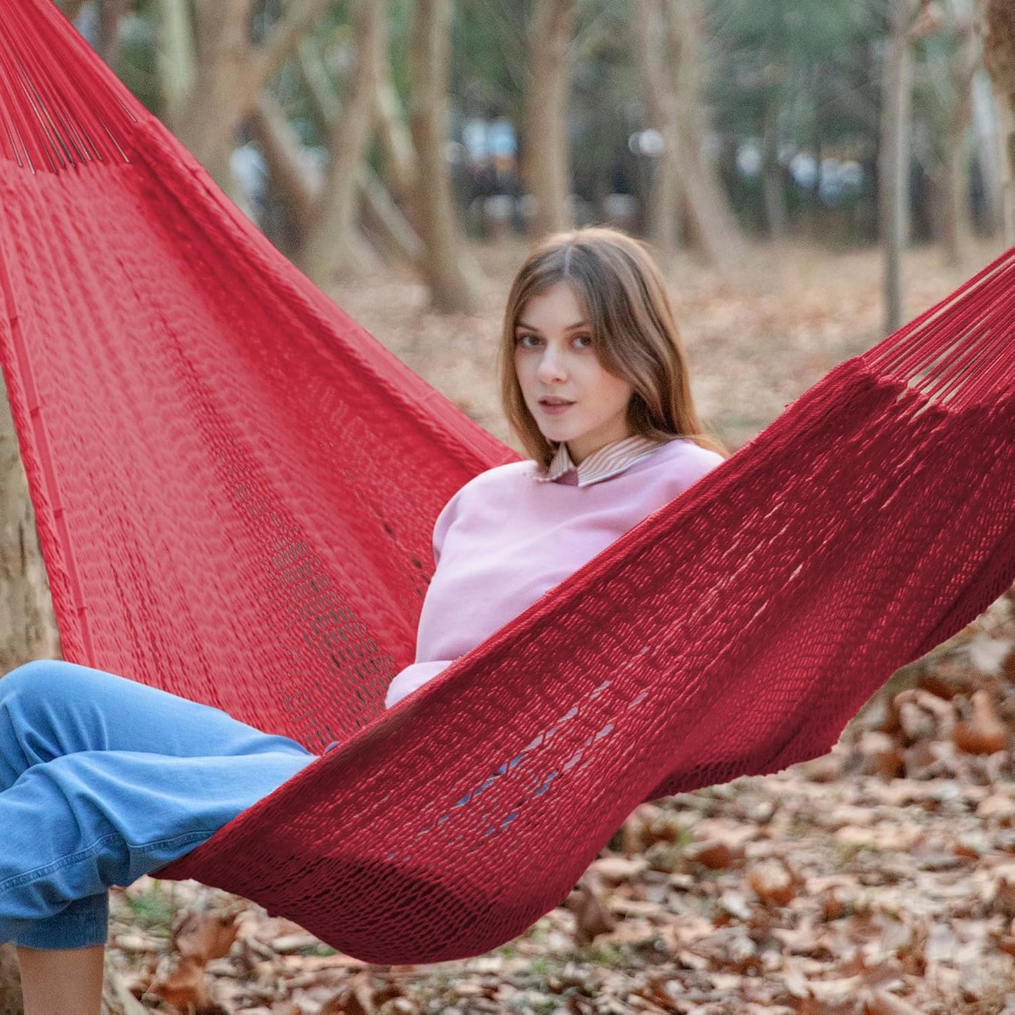 PNAEUT Handwoven Mayan Hammocks, Double Rope Hammock for Outdoor Outside & Indoor, Thick Soft 600 lbs Capacity Heavy-Duty, Includes Tree Straps, Carabiners & Carrying Bag (Nature, X-Large)