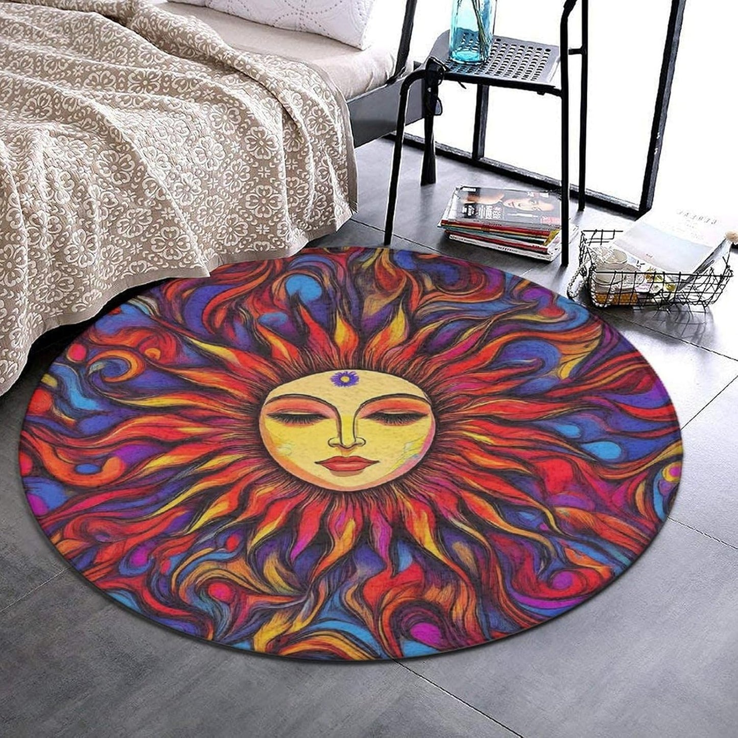 Machine Washable Modern Round Area Rug, Room Sofa Yoga Soft Round Carpet, Home Decor Non Slip Kitchen Office Circle Rug Trippy Rainbow Mushroom Tie Dye Art, 60inch