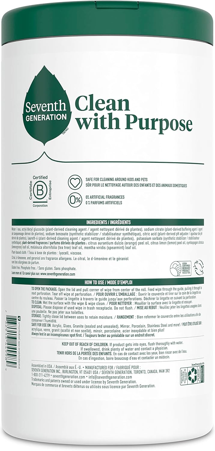 Seventh Generation Multi-Surface Wipes, 70 Count, Pack of 3, Garden Mint, Plant-Based Cleaning Wipes, No Harsh Fumes or Residue, Safe Around Kids
