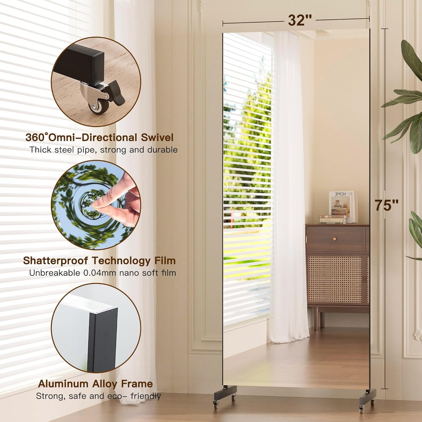 brisafe NanoMirror Non-Glass Ultra-Light Home Gym on Wheels, 75" x 32" Extra Large Full Body Mirror, Unbreakable & Shatterproof, 360° Swivel for Yoga, Dance, Fitness Studio & Home, Black