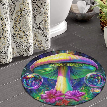 Machine Washable Modern Round Area Rug, Room Sofa Yoga Soft Round Carpet, Home Decor Non Slip Kitchen Office Circle Rug Trippy Rainbow Mushroom Tie Dye Art, 60inch