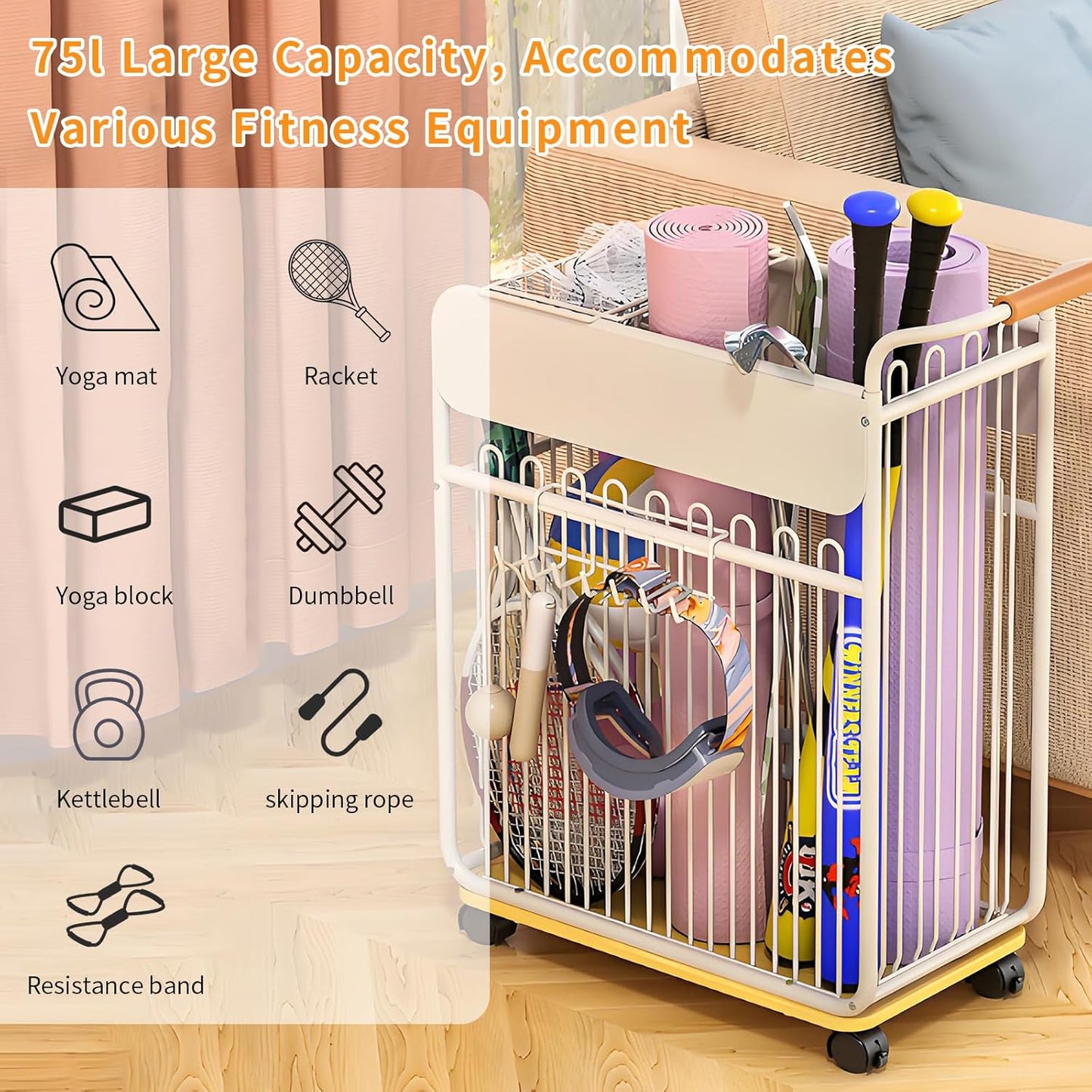 Yoga Mat Storage Rack with Wheels, Home Gym Organizer for Yoga Mats Foam Rollers Dumbbells Towels, Metal Rolling Workout Equipment Storage Rack with Handles and Basket (White, 20×11×24 in)