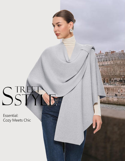 PULI Womens Large Cross Front Poncho Sweater Wrap Topper Knitted Elegant Shawls Cape for Fall Winter