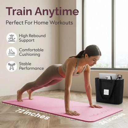 Nolava Yoga Mat with Bag – 72 x 24 inch, 1/4 inch Thick Non-Slip Mat – Includes Slap Band, Black Zippered Carry Tote with Mat Sleeve & Inner Pocket – For Yoga, Pilates, Home or Studio.