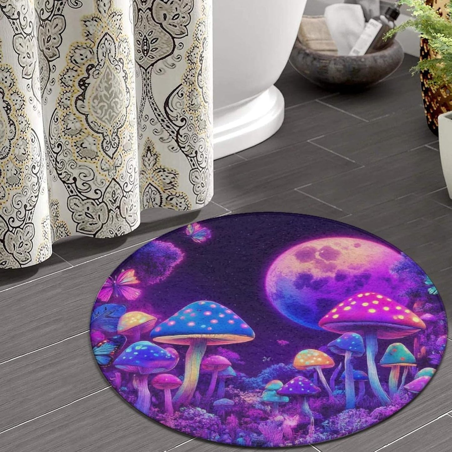 Machine Washable Modern Round Area Rug, Room Sofa Yoga Soft Round Carpet, Home Decor Non Slip Kitchen Office Circle Rug Trippy Rainbow Mushroom Tie Dye Art, 60inch