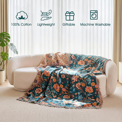 Boho Throw Blanket - 100% Cotton Soft Summer Throw Blanket for Bed, 50"x60" Reversible Breathable Lightweight Blankets, All Seasons Farmhouse Decor Floral Plant Butterfly Throw Quilt