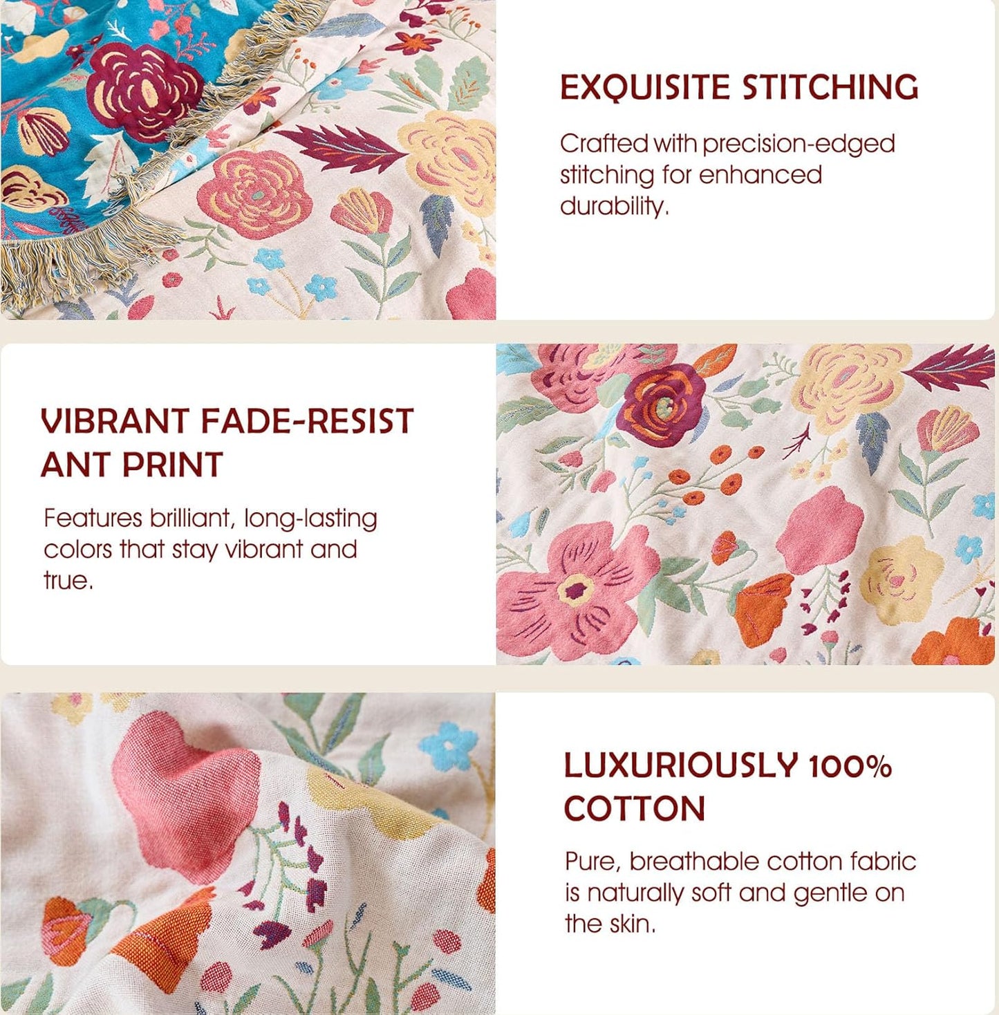 Boho Throw Blanket - 100% Cotton Soft Summer Throw Blanket for Bed, 50"x60" Reversible Breathable Lightweight Blankets, All Seasons Farmhouse Decor Floral Plant Butterfly Throw Quilt