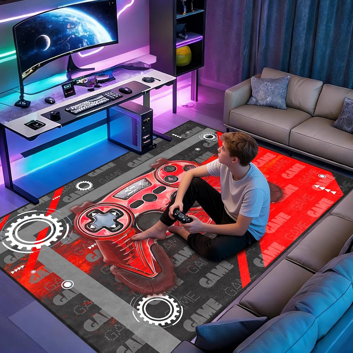 Game Controller Rugs for Bedroom Boys Living Room Gamer Gamepad Red Carpets Floor Mat Player Indoor Mats Gaming Art Design Home Decor Crystal Doormat Yoga Mats 3'x5'
