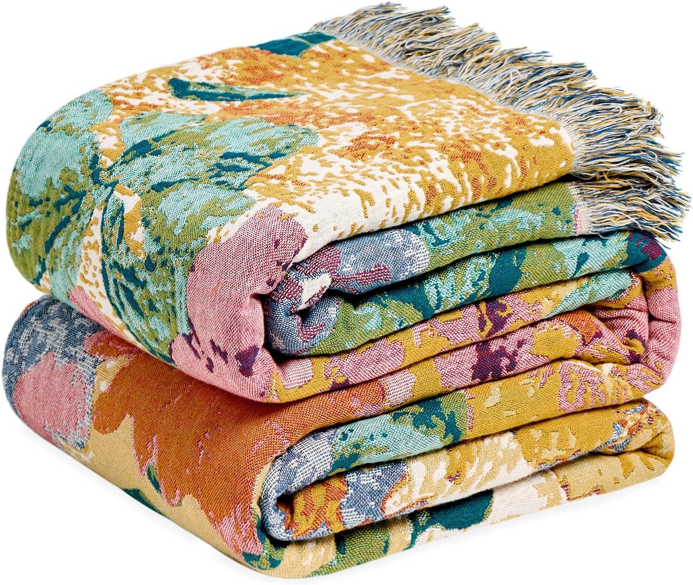 Boho Throw Blanket - 100% Cotton Soft Summer Throw Blanket for Bed, 50"x60" Reversible Breathable Lightweight Blankets, All Seasons Farmhouse Decor Floral Plant Butterfly Throw Quilt