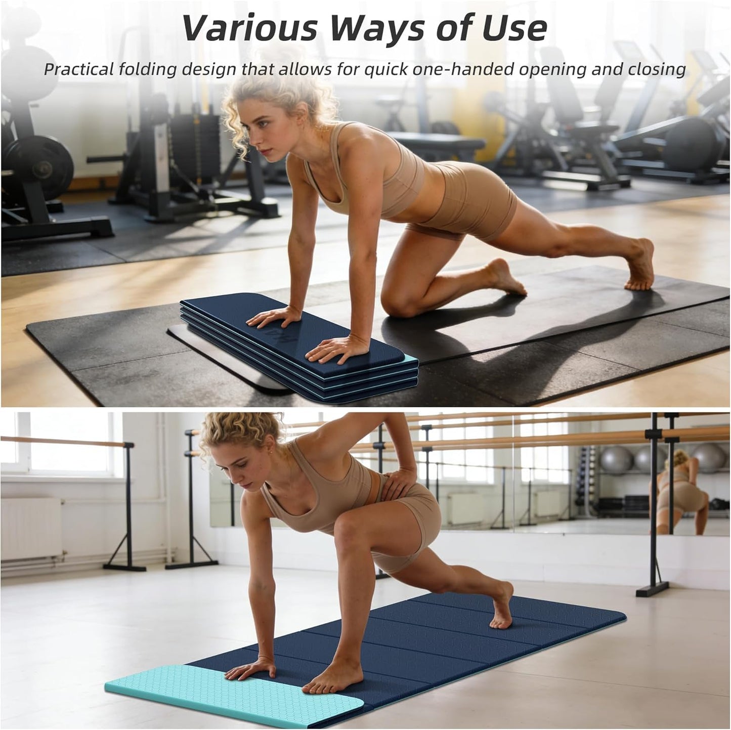 HAHE Foldable Yoga Exercise Mat, 74"Lx32"Wx1/3"Thick, TPE Multi-purpose Workout Mats with Non-slip Surface, Portable for Yoga/Pilates/Studio/Home Gym