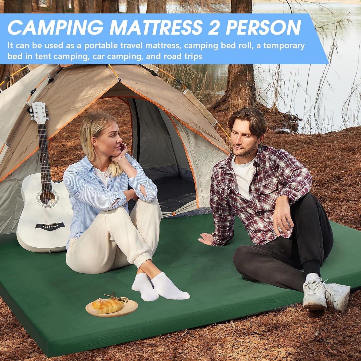 CYMULA Memory Foam Camping Mattress Pad,3inch Sleeping Pad for Camping,Non-Slip Bottom Floor Cot Car Mattress Bed with Retaining Portable Roll up Mattress Pad Mat for Travel Truck Guest Bed Tent