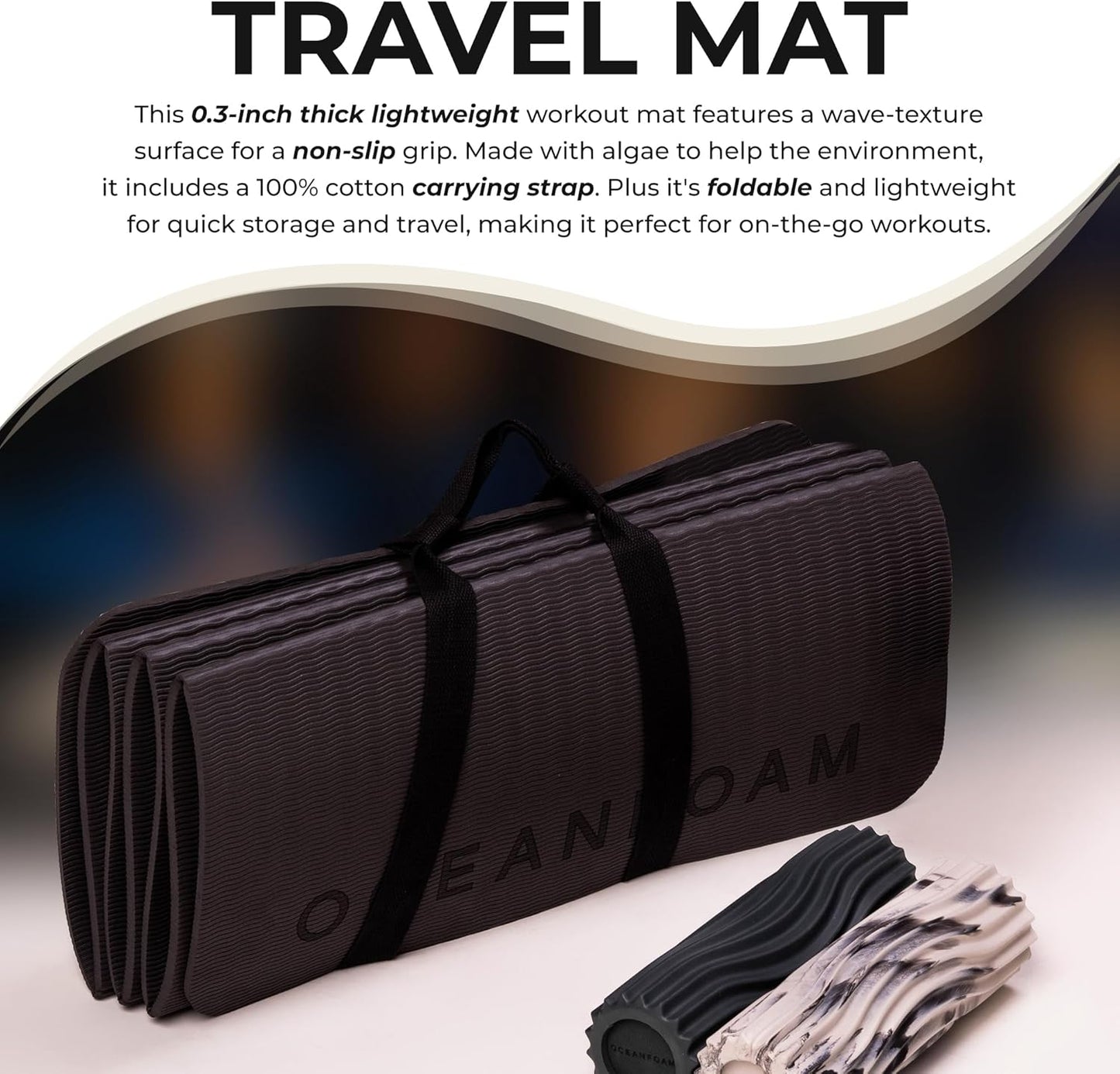 Oceanfoam Travel Workout Mat – 0.3" Thick Folding Exercise Mat for Yoga, Pilates, & Fitness – Non-Slip with Cotton Carrying Strap, Made with Sustainable Algae Foam – 24" x 72" (Black Marbled)