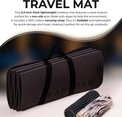 Oceanfoam Travel Workout Mat – 0.3" Thick Folding Exercise Mat for Yoga, Pilates, & Fitness – Non-Slip with Cotton Carrying Strap, Made with Sustainable Algae Foam – 24" x 72" (Black Marbled)