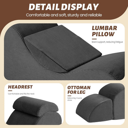 Yoga Chair Lounge for Adult, Ergonomic Foam Chaise Lounge Chair Indoor with Side Pocket, Headrest, Waist Pad, Ottoman, Perfect for Stretching, Massage, and Relaxation, No Assembly Required(Black)
