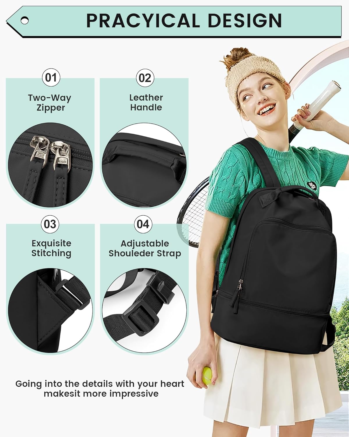 Gym Backpack for Women Men,Cheer bag,Lightweight Gym Bag with Shoe Compartment, Waterproof Sports Backpack with Wet Pocket, Black