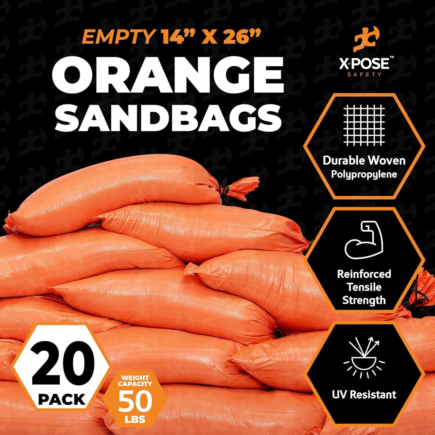 Xpose Safety Heavy Duty Sand Bags with Tie Strings – Empty Woven Polypropylene Sandbags for Hurricane Flood Protection, 50 lb Capacity, 14" x 26", White, Pack of 10
