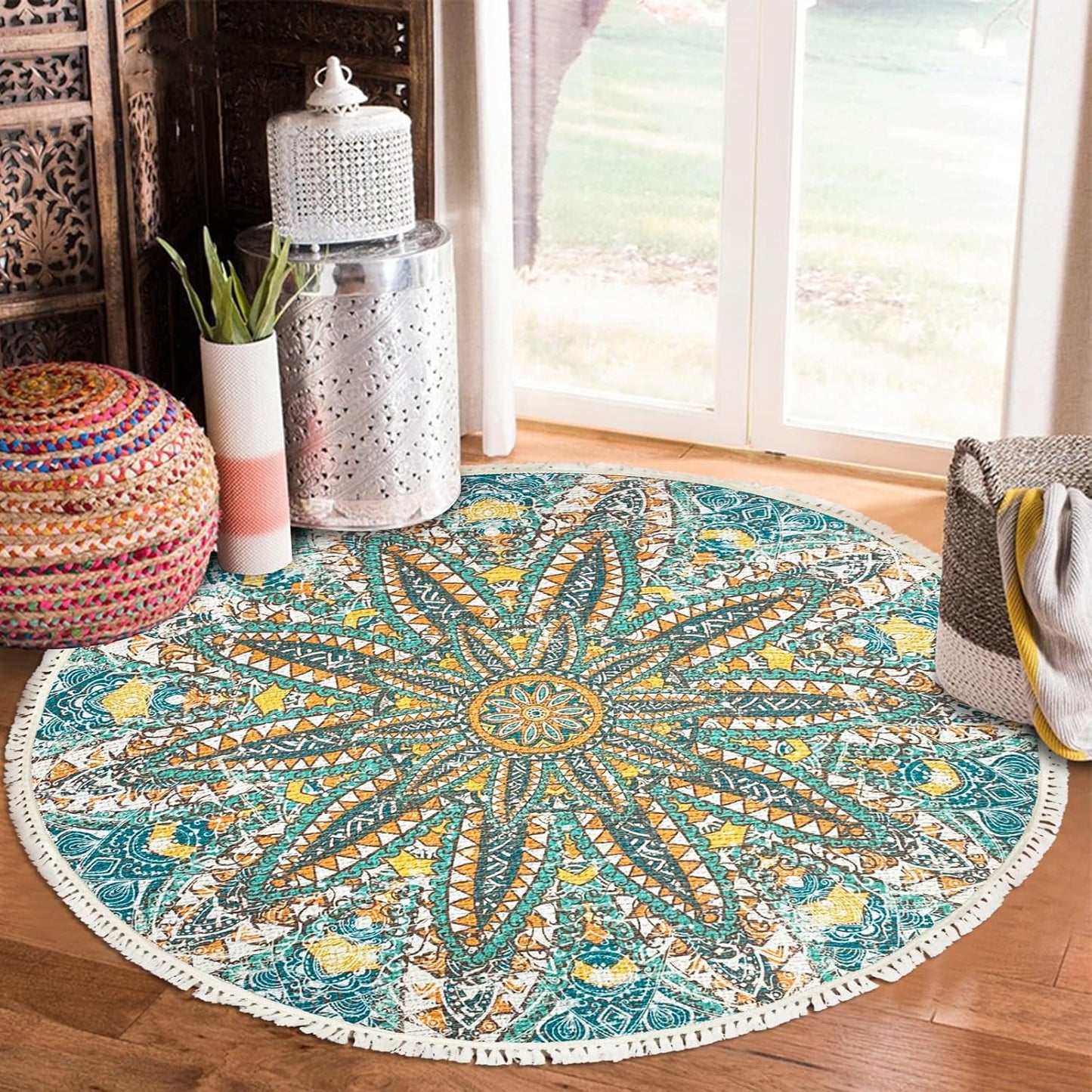 Boho Rug 5Ft Round Bedroom Carpet Circle Nonslip Farmhouse Area Rug Rustic Mandala Floor Mat for Living Room Locker Room Tassel Yoga Throw Rugs Washable Doormat, Purple