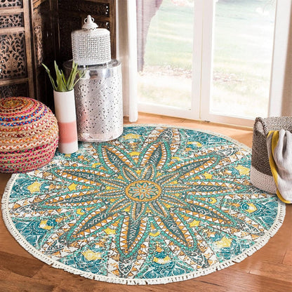 Boho Rug 5Ft Round Bedroom Carpet Circle Nonslip Farmhouse Area Rug Rustic Mandala Floor Mat for Living Room Locker Room Tassel Yoga Throw Rugs Washable Doormat, Purple