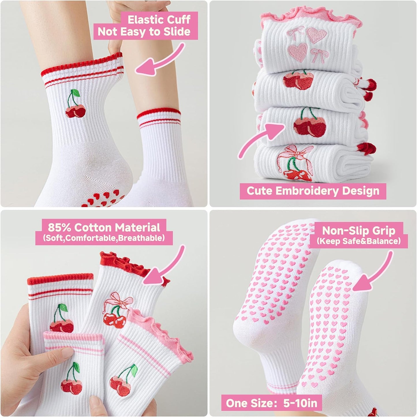 Grip Socks Pilates,4/6Pairs Cotton Cute Pilates Socks for Women, Ruffle Grippy Sock for Yoga Barre Hospital 5-10in