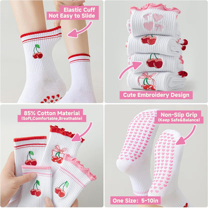 Grip Socks Pilates,4/6Pairs Cotton Cute Pilates Socks for Women, Ruffle Grippy Sock for Yoga Barre Hospital 5-10in