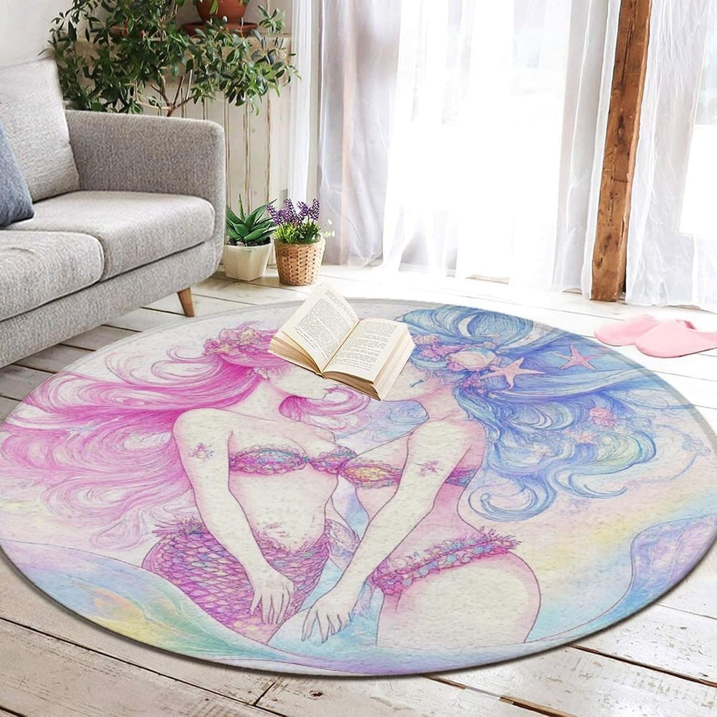 Machine Washable Modern Round Area Rug, Room Sofa Yoga Soft Round Carpet, Home Decor Non Slip Kitchen Office Circle Rug Union Jack Flag UK Mandala Art, 60inch
