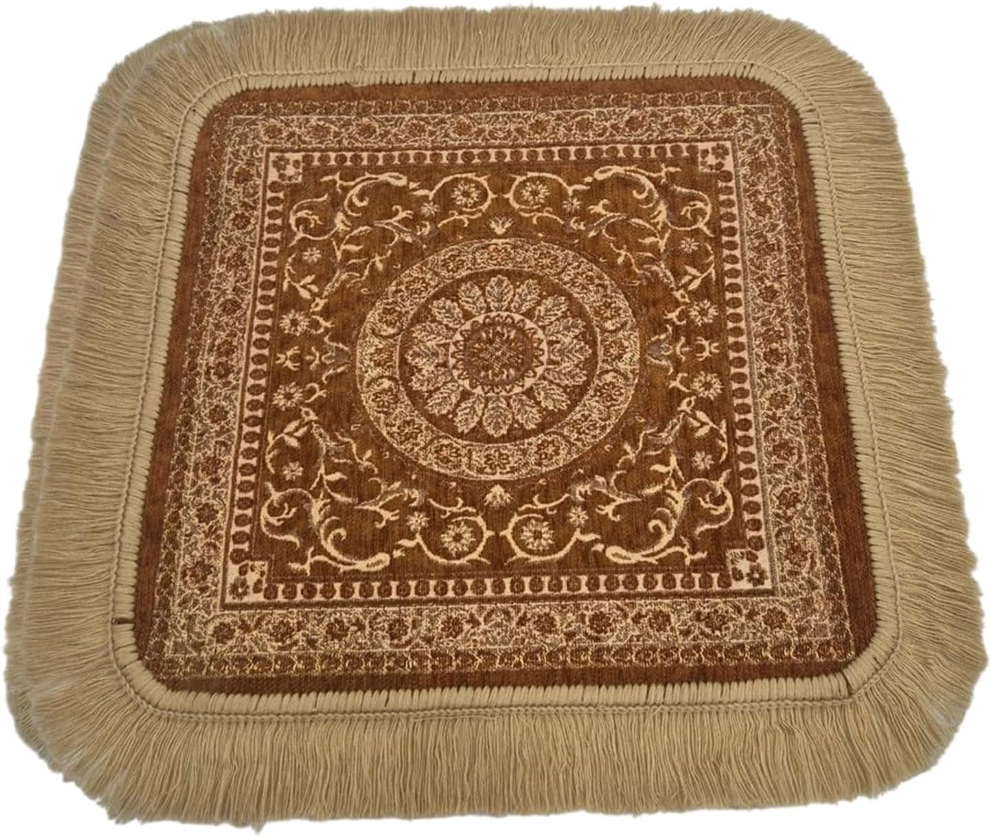 Soft Chenille Prayer Mat | Traditional Mandala Floral Pooja Aasan with Golden Fringes | Multipurpose Square Rug for Meditation, Yoga, Puja Room & Home (Red, 2x2 Feet)