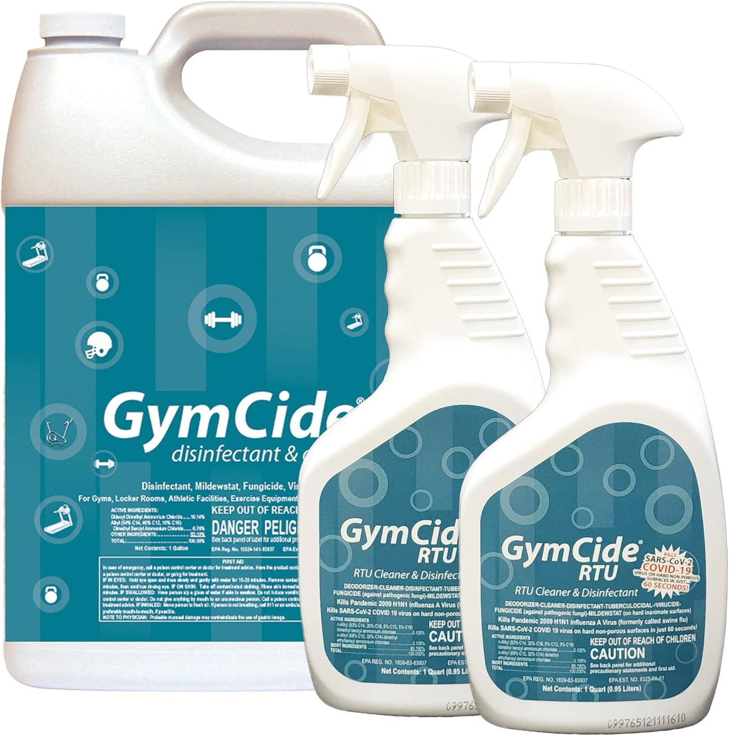 GymCide Disinfectant, Cleaner, and Deodorizer for Gyms, Sports Equipment, and Fitness Centers Bundle (1 Concentrated Gallon and 2-32 Ounce Bottles)