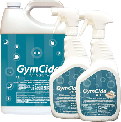 GymCide Disinfectant, Cleaner, and Deodorizer for Gyms, Sports Equipment, and Fitness Centers Bundle (1 Concentrated Gallon and 2-32 Ounce Bottles)