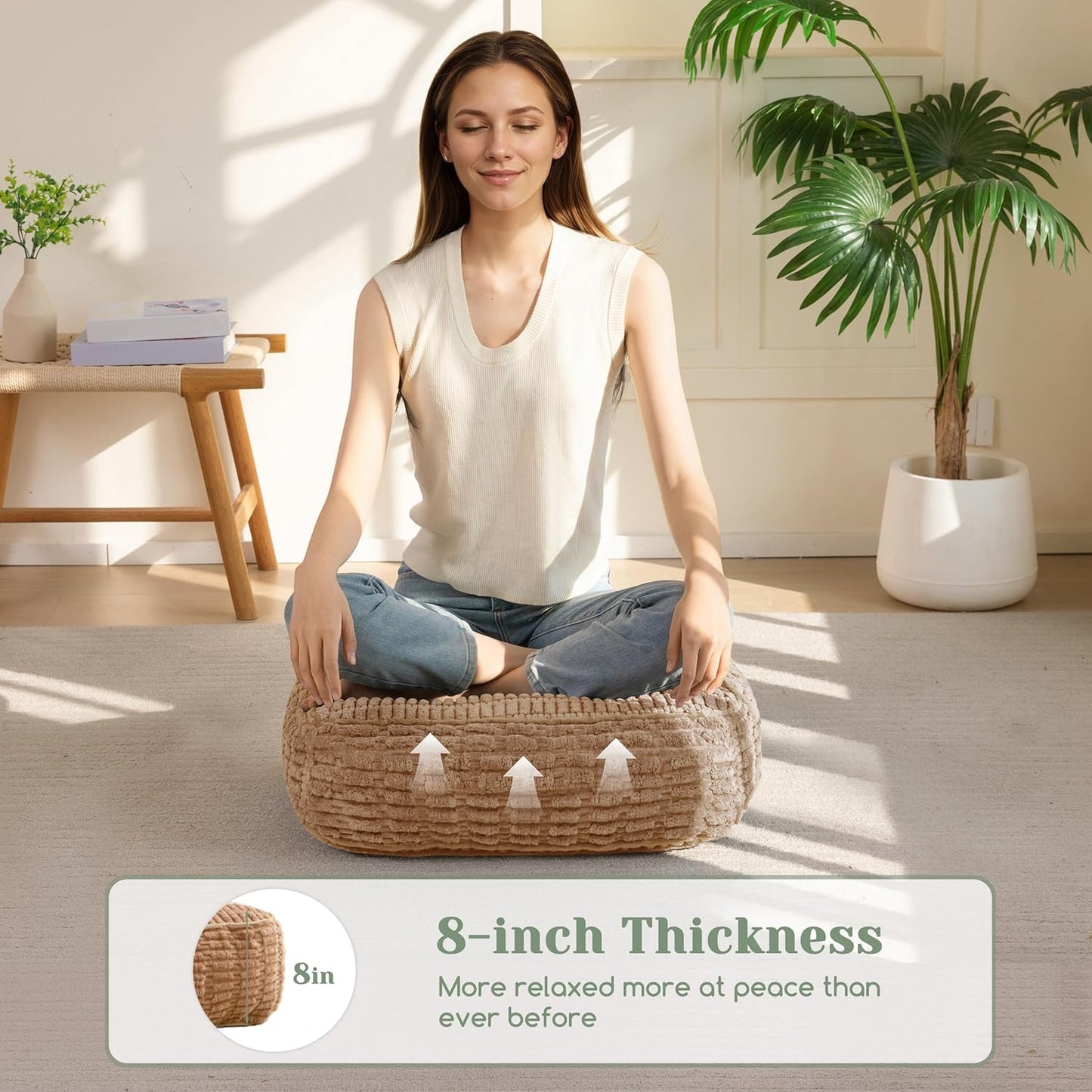 HIGOGOGO Floor Pillow Cushion for Adults, Meditation Cushion Pillow, Blended Corduroy Cover, Large Square Floor Sitting for Tatami Living Room or Yoga, 22x22 Inch, Beige