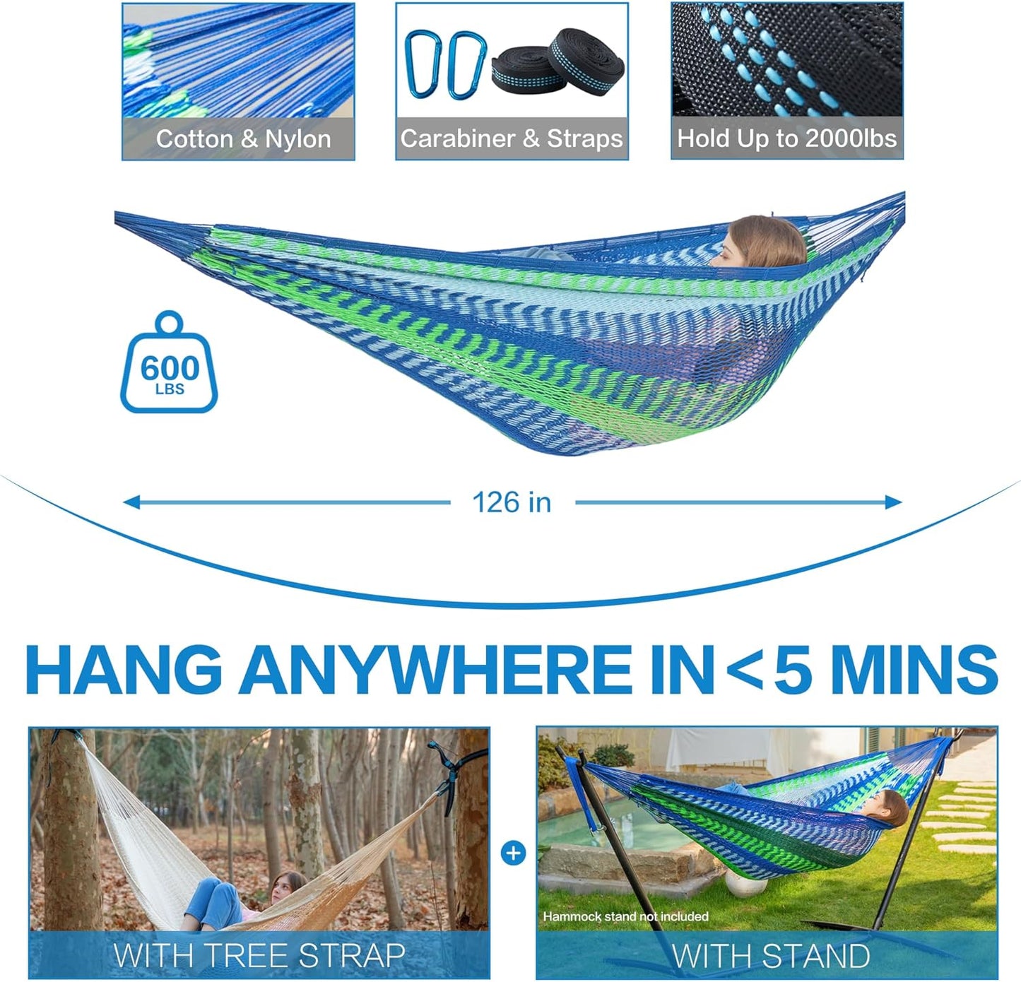 PNAEUT Handwoven Mayan Hammocks, Double Rope Hammock for Outdoor Outside & Indoor, Thick Soft 600 lbs Capacity Heavy-Duty, Includes Tree Straps, Carabiners & Carrying Bag (Nature, X-Large)