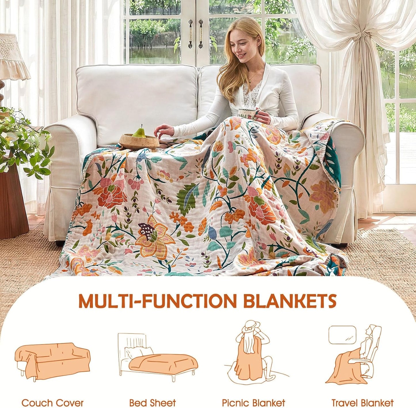 Boho Throw Blanket - 100% Cotton Soft Summer Throw Blanket for Bed, 50"x60" Reversible Breathable Lightweight Blankets, All Seasons Farmhouse Decor Floral Plant Butterfly Throw Quilt