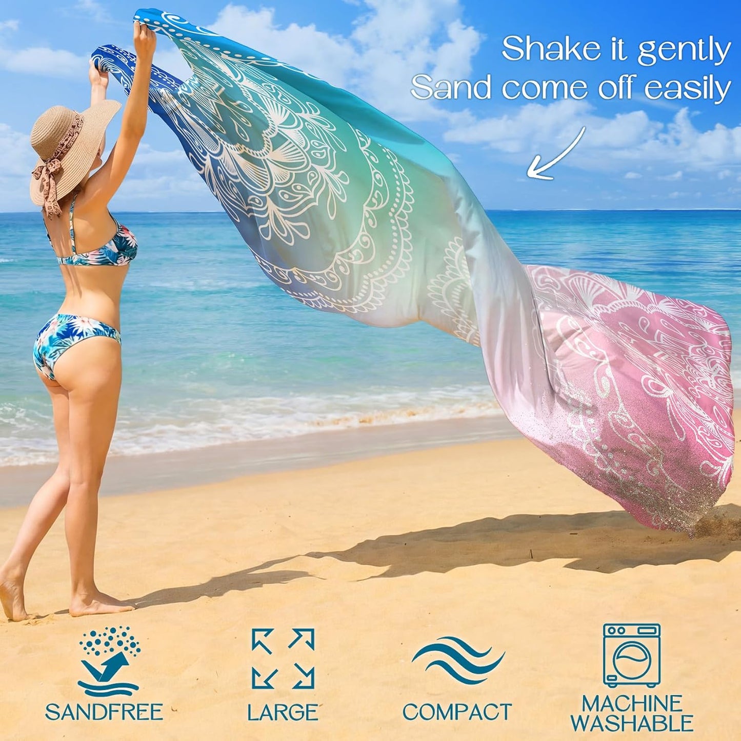 BYDOLL Beach Blanket Waterproof Sandproof Large Sand Free,78''X81''/10'X9' Oversized Sandless Lightweight Blanket Picnic Mat for Beach Travel Camping Hiking with Stakes