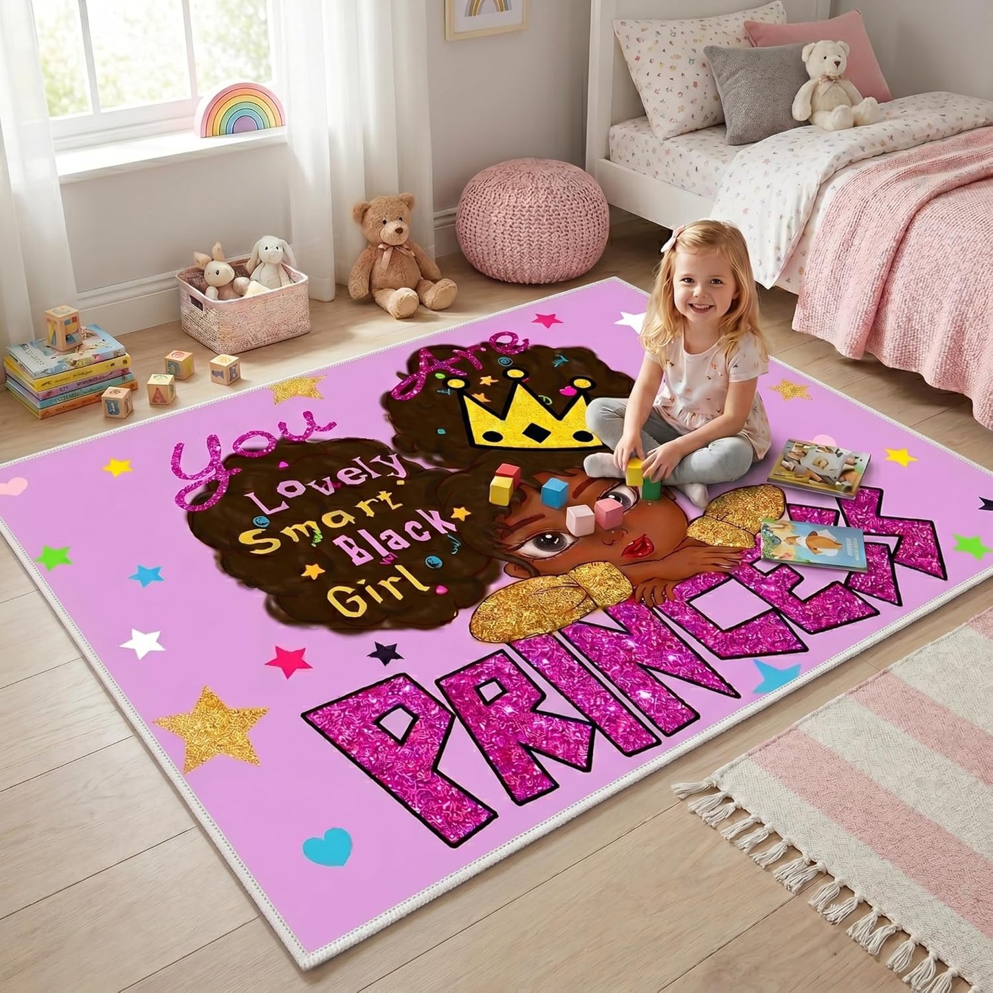 Black Girl Area Rug for Bedroom African American Rugs for Room Princess Carpet Kids Rugs for Bedroom African Girls Carpet for Living Room Teen Girls Yoga Mats, Pink, 4'×5'