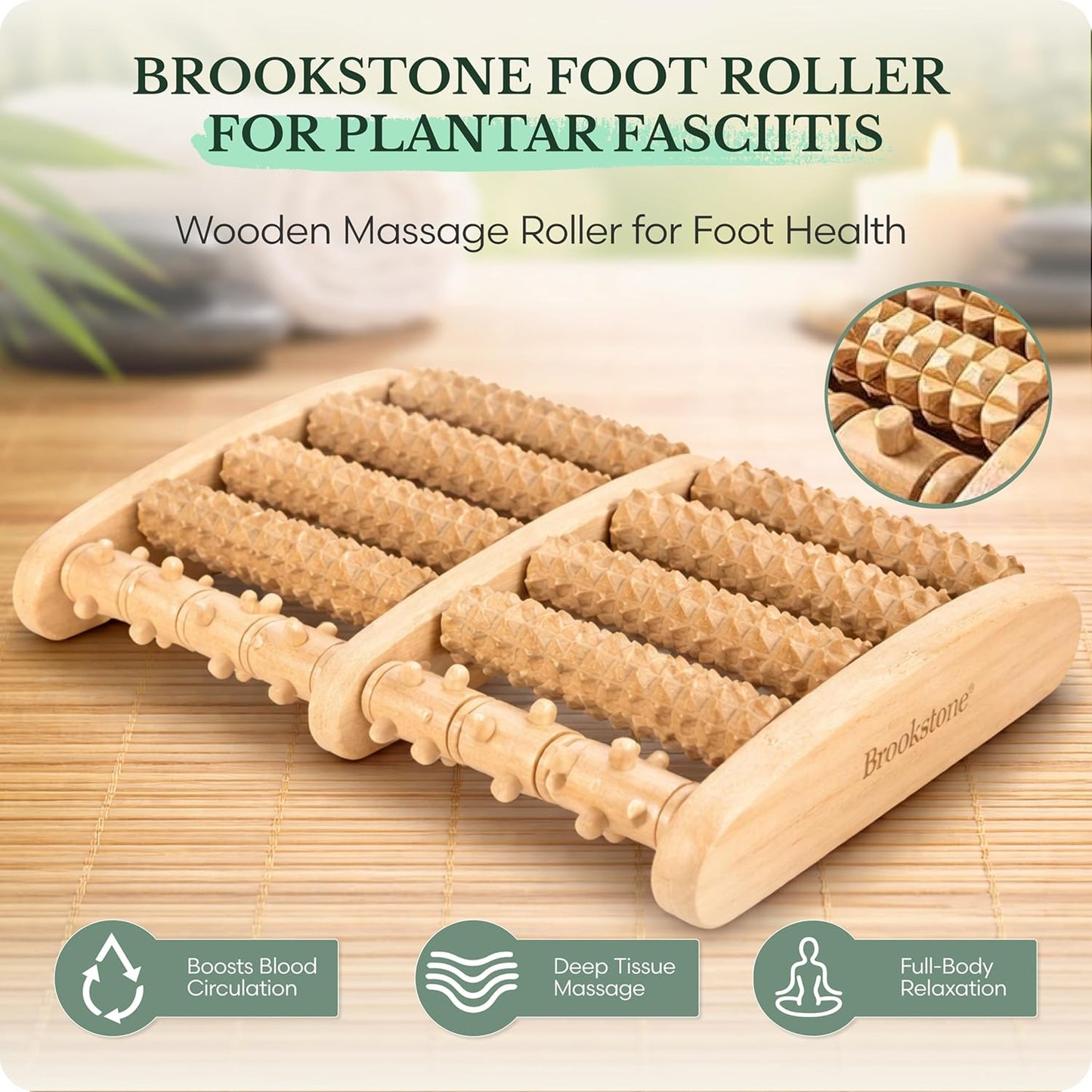 Brookstone Foot Massager Roller Plantar Fasciitis Pain Relief - Wooden Under Desk Feet Massage - Dual Manual Heel Massagers - Wood Rolling Acupressure Tool with Reflexology Guide - Gift for Men, Women