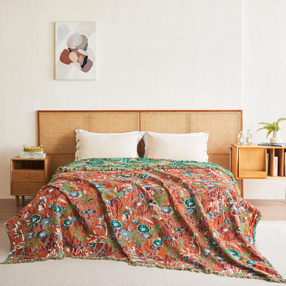 Boho Throw Blanket - 100% Cotton Soft Summer Throw Blanket for Bed, 50"x60" Reversible Breathable Lightweight Blankets, All Seasons Farmhouse Decor Floral Plant Butterfly Throw Quilt
