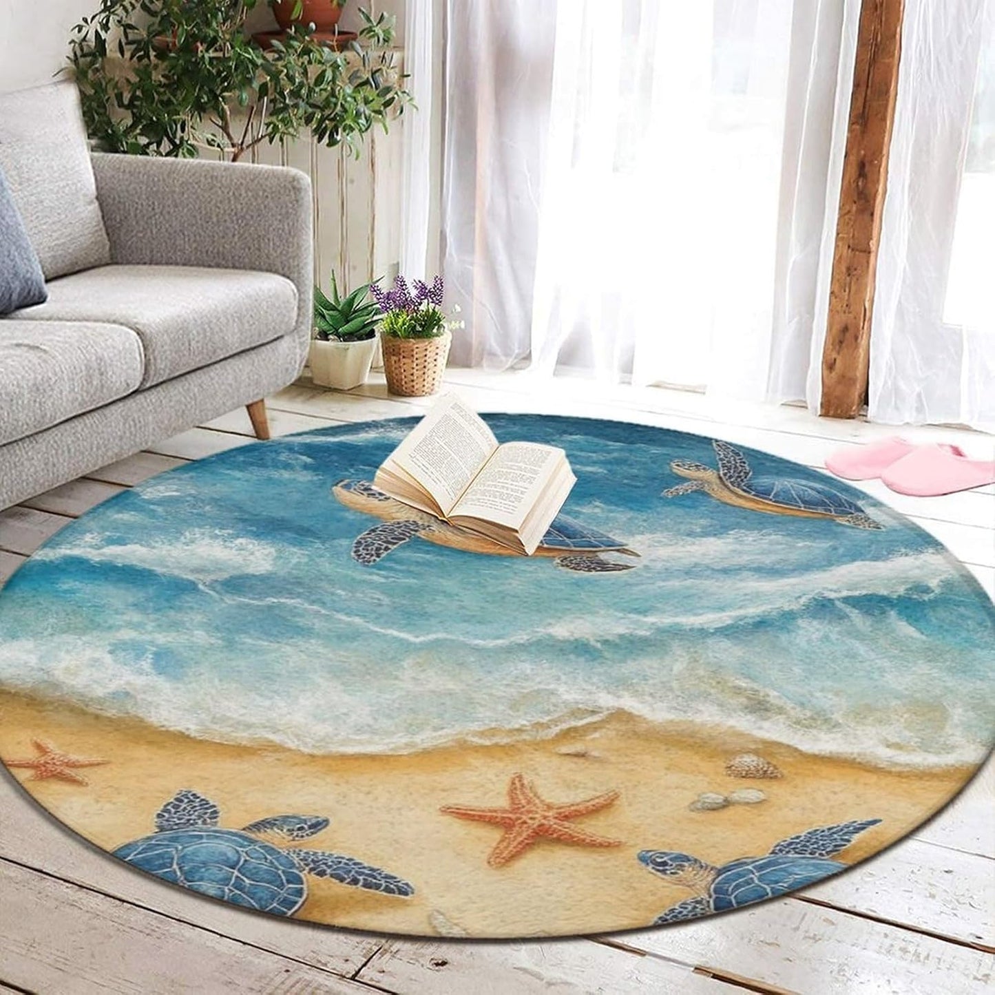 Room Sofa Yoga Soft Round Carpet, Home Decor Non Slip Kitchen Office Circle Rug, Machine Washable Modern Round Area Rug Beach Turtles, 60inch