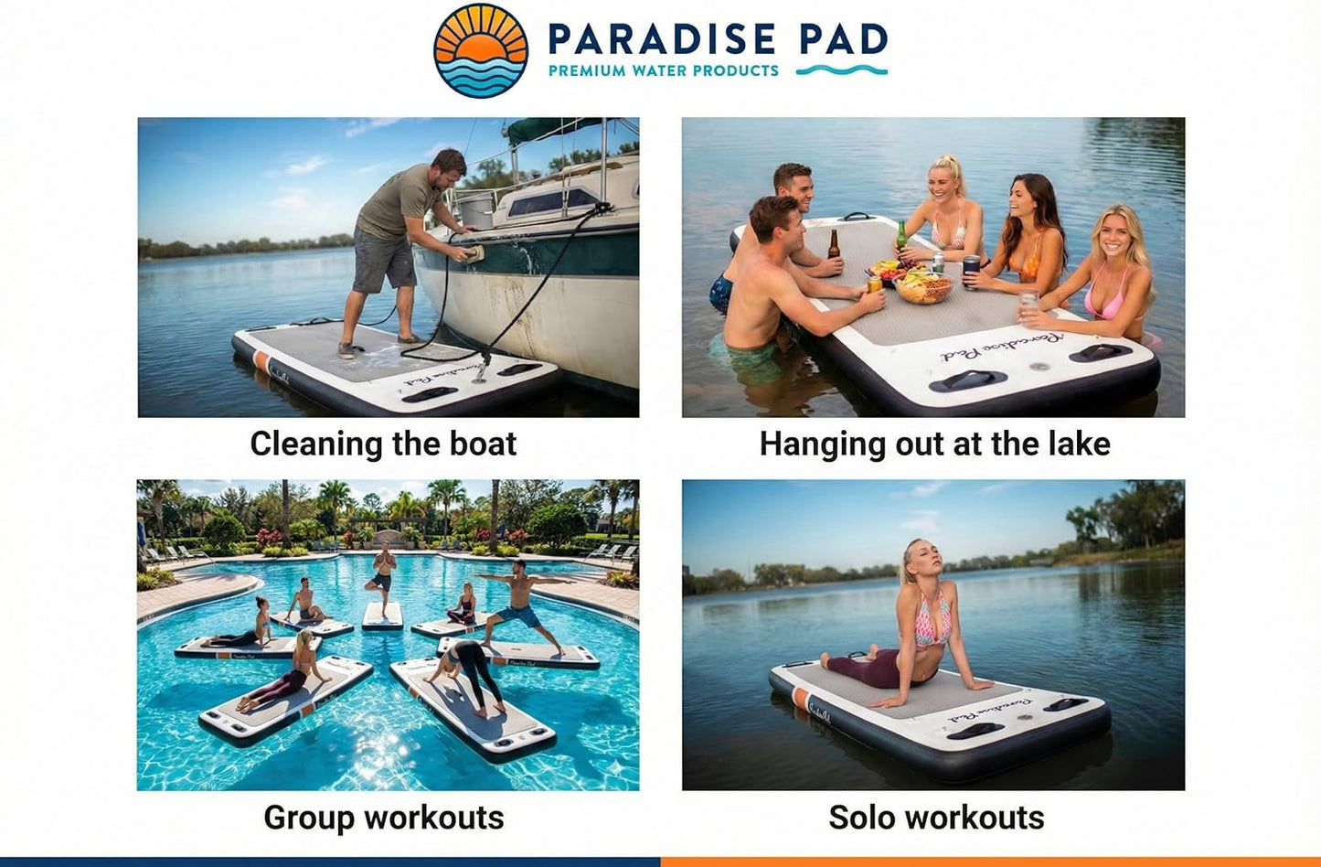 Inflatable Water Yoga Mat Board Floating Exercise Platform for Yoga and Pilates. Aquatic Fitness pad for Pools, Lakes. 96"x 35"x 6" includes storage bag, hand pump and repair kit. Paradise Pad