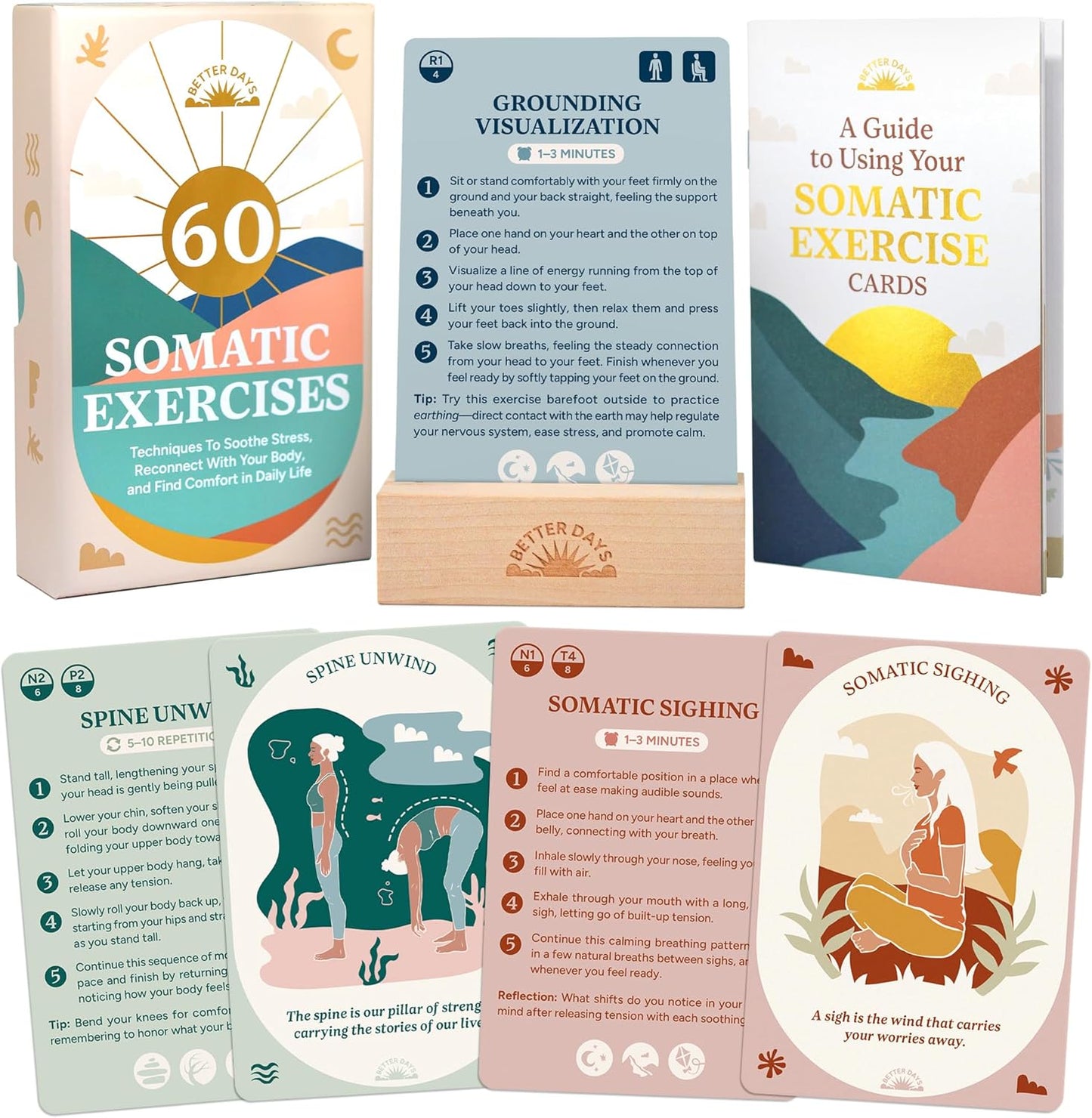 Better Days 60 Somatic Therapy Exercise Cards for Nervous System Regulation – Soothe Stress and Reconnect with Your Body – 3.5” x 5” Cards – Breathwork, Mindfulness, and Gentle Movement Techniques