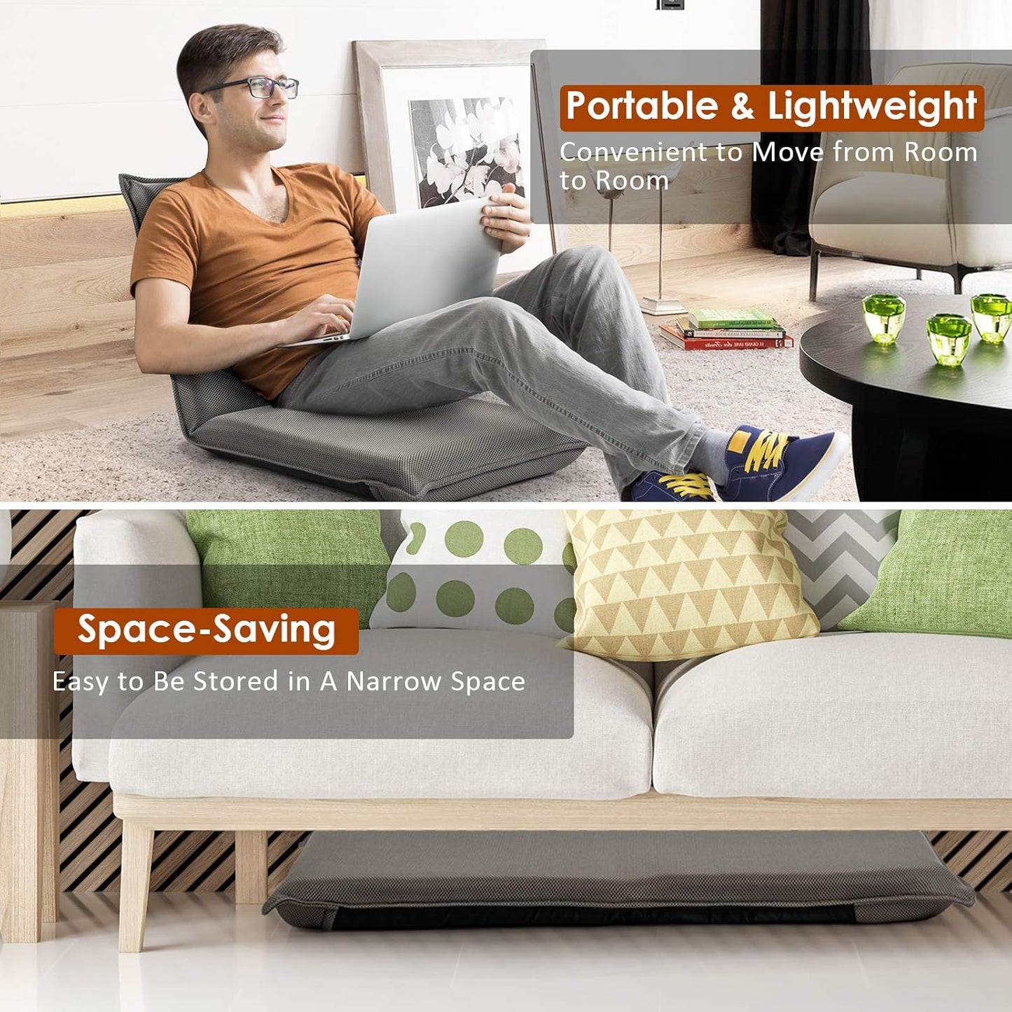 BestComfort Folding Floor Chair 6-Position Adjustable Meditation Chair Video Gaming Chair with Back Support for Reading TV Watching, Portable Floor Seat Lounge Sofa Chair for Kids Teens Adult, Coffee