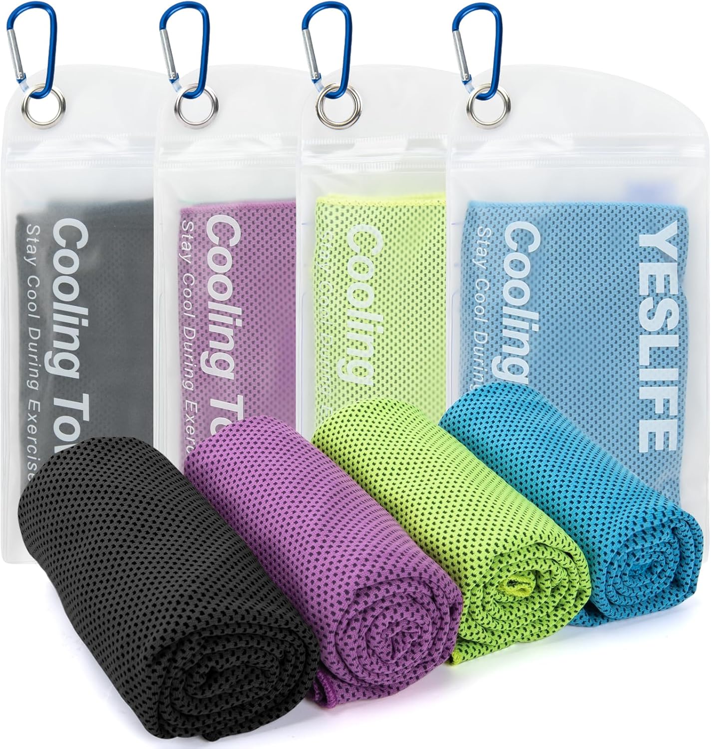 YESLIFE 4 Pack Cooling Towels 40"x12", Gym Towels for Men and Women, Soft Breathable Workout Towels for Yoga, Running, Sport, Workout, Camping, Fitness & More (Blue, Grey, Green, Pink)