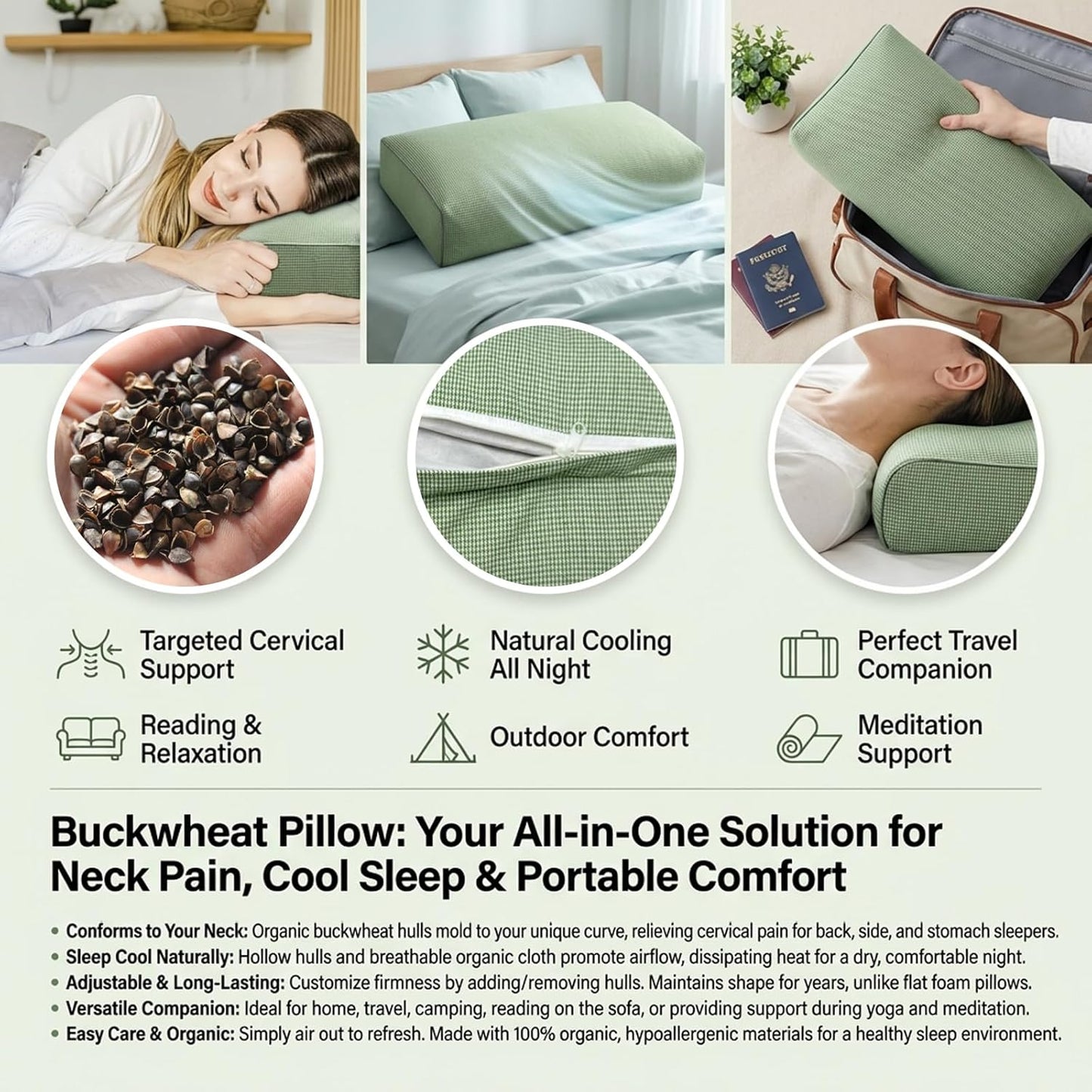 Adjustable Buckwheat Hull Pillow for Neck Pain Relief (21x8x4in) Natural Cooling Cervical Support Organic Pillow for Side & Back Sleepers with Night Sweats (Grey)