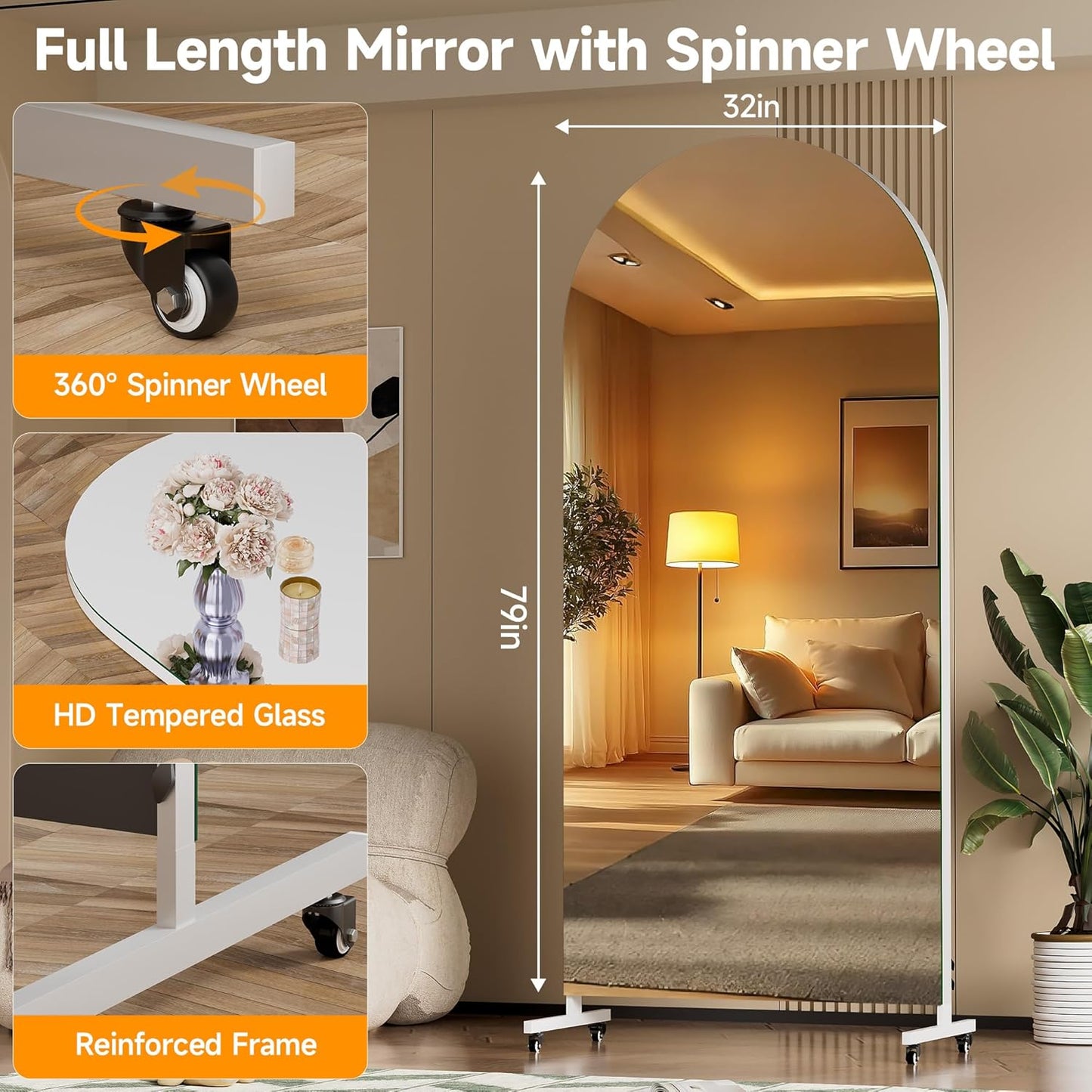 Hasipu 71" x 28" Arched Rolling Home Gym Mirror with Wheels, 360° Swivel Body Mirror with HD Tempered Glass, Large Floor Mirror for Yoga Room, Dance Studio, Bedroom & Home Gym