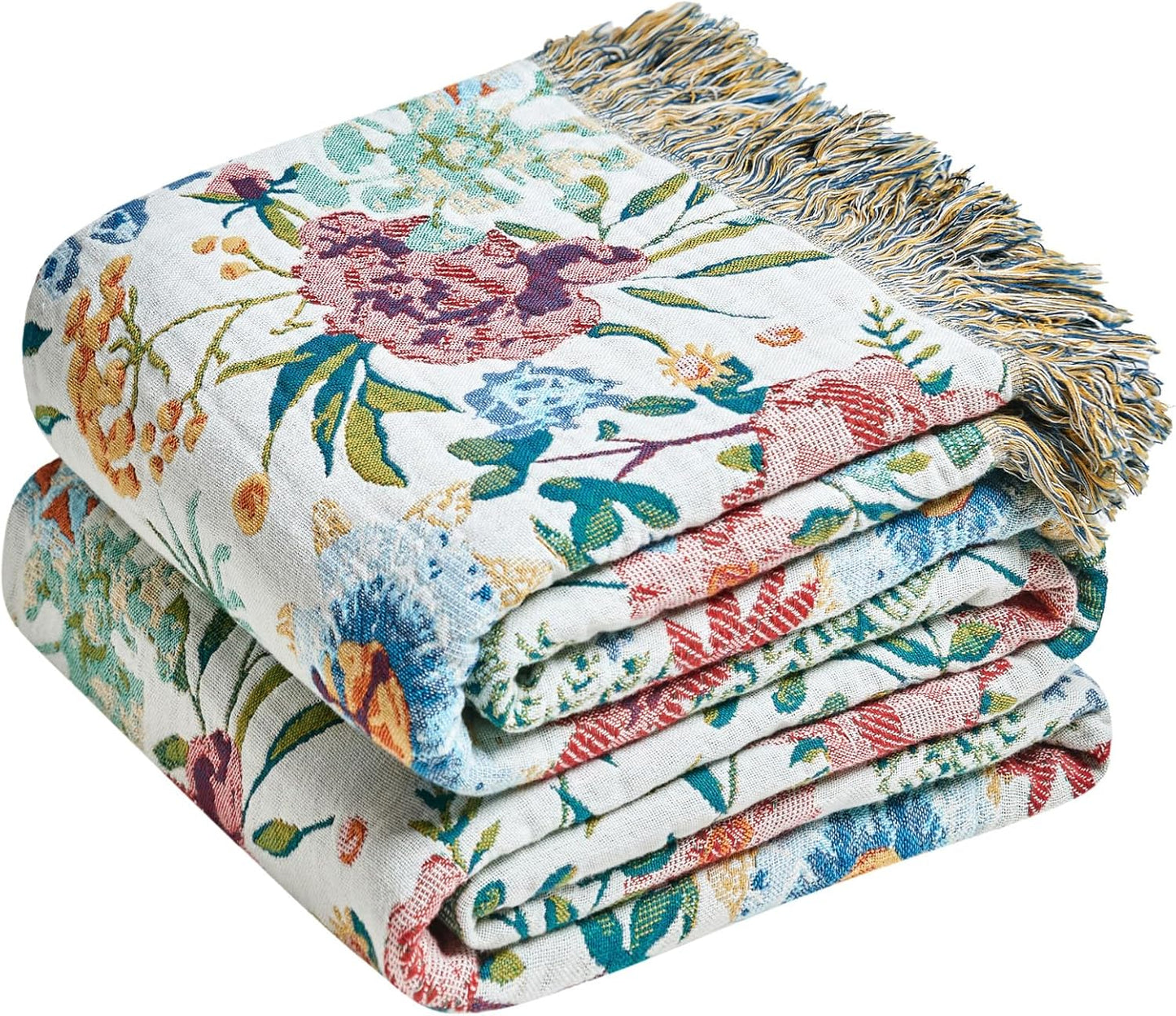 Boho Throw Blanket - 100% Cotton Soft Summer Throw Blanket for Bed, 50"x60" Reversible Breathable Lightweight Blankets, All Seasons Farmhouse Decor Floral Plant Butterfly Throw Quilt