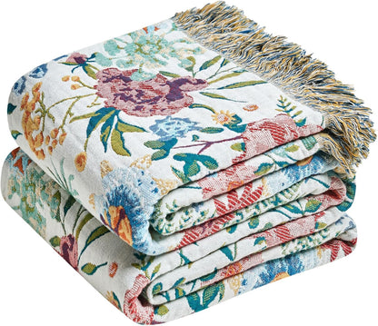 Boho Throw Blanket - 100% Cotton Soft Summer Throw Blanket for Bed, 50"x60" Reversible Breathable Lightweight Blankets, All Seasons Farmhouse Decor Floral Plant Butterfly Throw Quilt