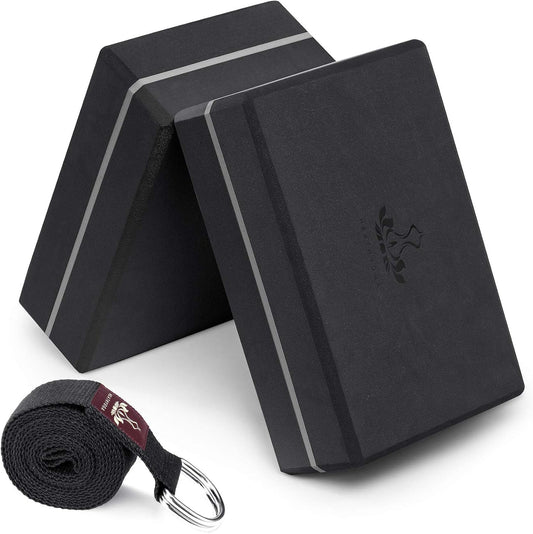 Heathyoga Yoga Blocks 2 Pack with Strap, High Density EVA Foam Yoga Block and Yoga Strap Set to Support and Improve Poses and Flexibility