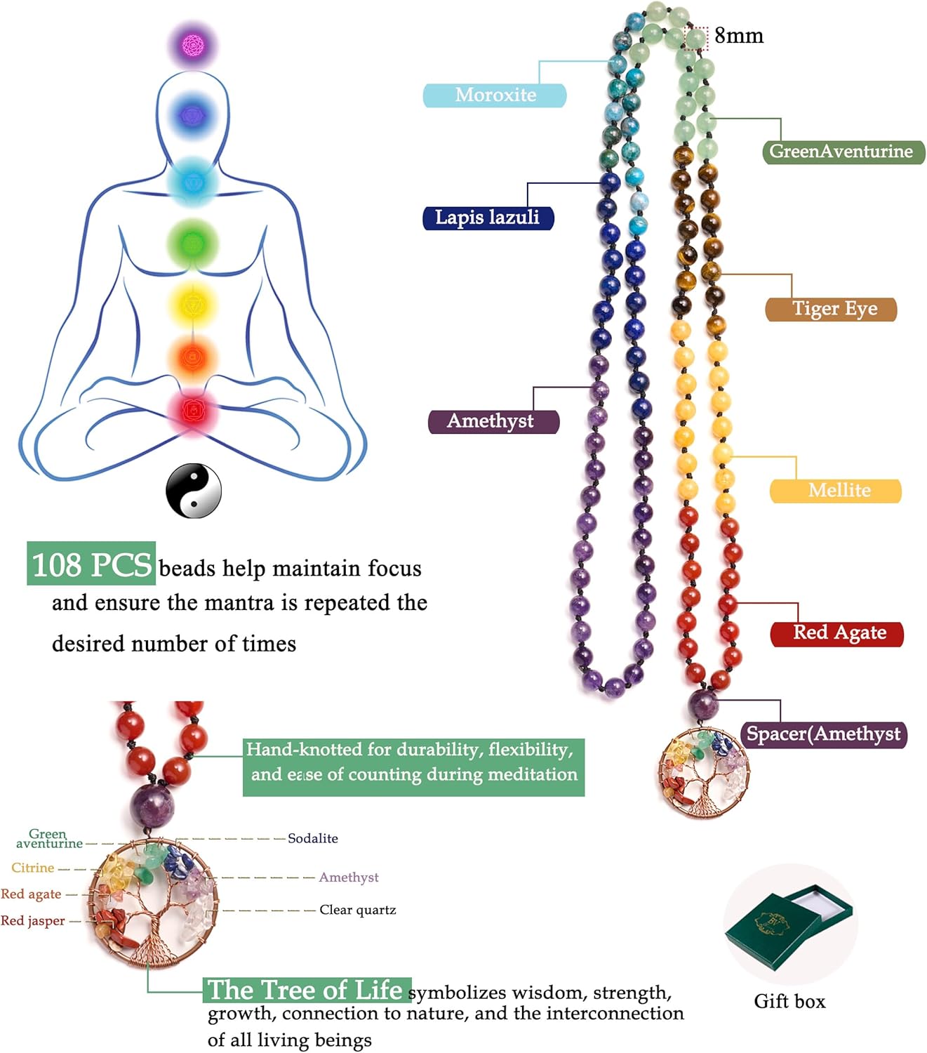Bivei 108 Mala Beads Necklace Life Tree 7 Chakra Wrap Bracelet Real Healing Gemstone Yoga Meditation Hand Knotted Mala Prayer Bead Necklace